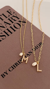 Pearl Initial Necklace- Paperclip Chain